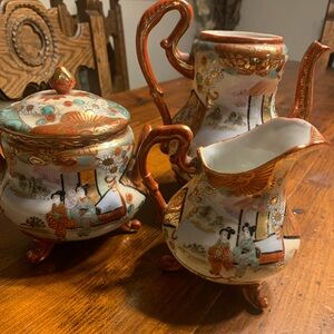 Asian vintage porcelain set gilded and painted sugar/cream and tea
